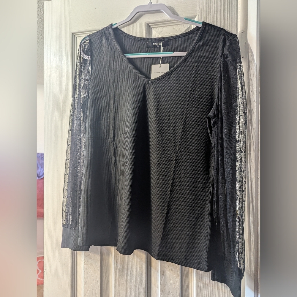Zesica Black Blouse with Sheer Sleeves